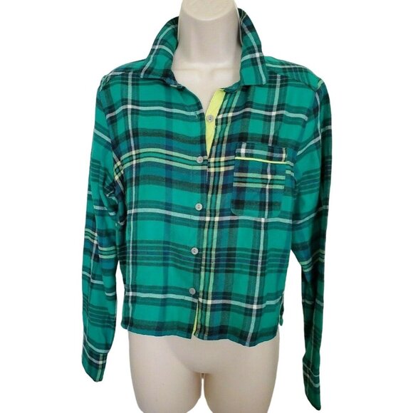 Colsie PJ Flannel Night Shirt Short Set Sz XS Long Sleeve Green Plaid NEW - Picture 4 of 8
